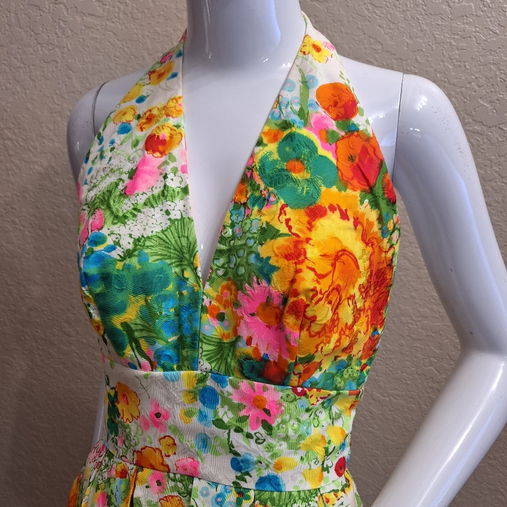 👀 Amazing!! Vintage 60-70s Halter Dress in Hawaiian Fabric